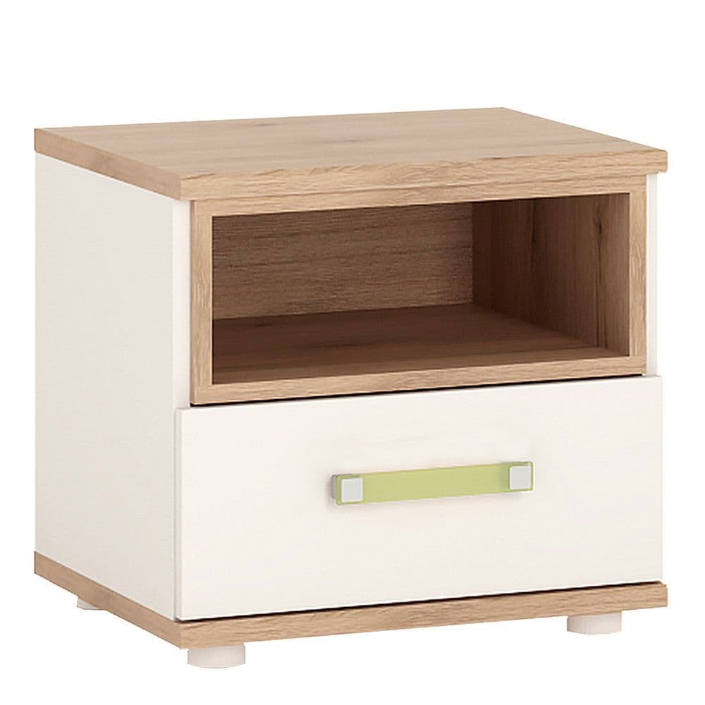 Kinder 1 Drawer bedside Cabinet in Light Oak and white High Gloss (lemon handles)